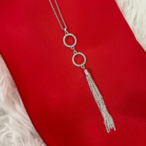 Silver long chain necklace 24” circle hoops rhinestones  tassel NEW - Picture 2 of 8